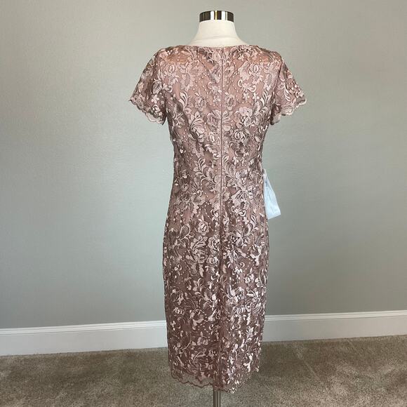 JS Collections Pink Lace Cocktail Dress Size 4 Short Sleeve Midi Sheath - Picture 4 of 12